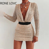 Women Elegant Deep V Neck Long Sleeves Sequins with Sashes Mini Bodycon Sexy Party