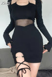 Asymmetrical Fashion Bodycon Halter Neck Black Dress Mini Gothic Lace Up Mesh Spliced Club Sexy Women's Dresses