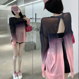 Sexy Hollow Out Backless T Shirts Women Gradient Ice Silk Loose Sunscreen Shirts Summer Gothic See Through Blouses