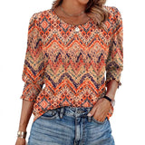 Color Women's Clothing 2025 Autumn Loose Leisure Printing Seven-Sleeve Round-Neck T-Shirt