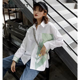 Fall 2019 White Blouse Patchwork Floral Print Long Sleeve Button Up Shirt Casual Tops For Women