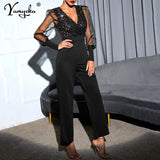 black Sequin bodycon jumpsuit women elegance mesh Long sleeve body birthday party club outfits jumpsuits bodysuit