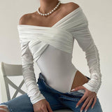 Zingj And Autumn New Women's Shoulder V Neck Pleated Long Sleeve Jacket Tight Temperament