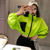 Spring Summer Women Casual Loose Pocket Color Contrast Batwing Sleeve Drawstring Zipper Short Coat