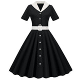 Solid Shirt Women Dress With Belt Button Hepburn Style Turn Down Collar Swing Dresses Retro Vintage 60s Rockabilly
