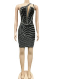 Sexy Glitter Crystal Pearls Mesh Patchwork Mini Dress Women Sleeveless One Shoulder Bodycon Night Clubwear