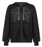 Gothic Streetwear Skeleton Print Oversize Hoddie Women Punk Harajuku Hip Hop Zipper Sweatshirt Female Mall Goth