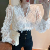 V-neck Hollow Lace Bottoming Shirt Korean Fashion Long Sleeve Elegant Blouse Slim Vintage Shirt Women Tops Blusas