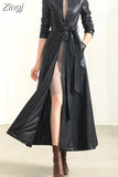 Spring Autumn Long Black Soft Waterproof Faux Leather Coat Women Belt Long Sleeve Single Breasted Luxury Fashion