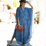 Causal Striped V-neck Button Front Open Summer Beach Dress Blue Tunic Women Plus Size Clothes Maxi Dresses