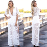 Queens Women Solid Short Sleeve Beach Sexy Loose Bohemian Maxi Dress Ladies V-neck Lace Boho Sundress