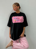 Letter Print Bumper T-Shirt Foundation Buffet Short Sleeves Front Shoulder Thin Long Round Collar