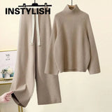 Women Sweater Suit Autumn Winter Turtleneck Knitting Sweater and Wide Leg Pants Sets Elegant Loose Jumpers Oversized