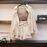 Shorts Three Piece Sets Womens Outfit Korean Casual Knitted Vest+plaid Long Sleeve Sunscreen+ Shorts Sets Women