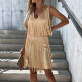 Sleeveless V-Neck Summer Mini Party Dress Ladies Fashion Solid Color Fringe Satin Dress Ladies Slim Hip Dresses 2023