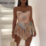 Women Spaghetti Strap Blooming Floral Print Ruffles Irregular Dress Mini Dress Elegant Fashion Chic