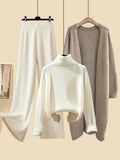 Winter Warm Knitwear Sets For Womens Elegant Turtleneck Sweater+long Knitted Jackets+wide Leg Knitting Pants Sets 2023