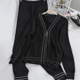 Women Stylish Suit Lady Chic V Neck Zipper Long Sleeve Coats Causl Long Pants Solid Knitting 2 Piece Set Autumn Winter