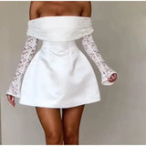 Lace Off-shoulder Patchwork Solid Mini Dress- Outfit