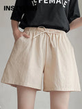 Women Summer Casual Solid Cotton Linen Loose Shorts Korean Harajuku Elastic Waist Wide Leg Short Pants Summer Basic Chic