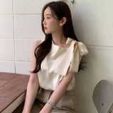 Solid Elegant Blouse Women Office Irregular Tie Bow Chic Shirts Ladies Sleeveless Loose Simple All Match Chiffon Tops