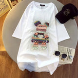 Diamonds Bear Embroidery Cute T Shirts 5XL Oversized Loose Summer Cotton Y2k Tops Japan Kawaii Harajuku White Graphic