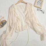 Ruffles Chiffon Sun Protection Shirt Women Solid Lace Up Flare Sleeve Sunscreen Blouses Cardigan Loose Casual Thin