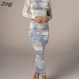Tie-Dye Print Ruched Christmas Dress For Women Long Sleeve Sexy Bodycon Winter Dress Elastic Pleated Casual Party