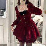 Vintage Red Mini Dress Women Y2K Bow Lace Patchwork A Line Dresses Christmas Party Sweet Korean Square Collar Vestidos