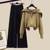 Winter Knit Two Piece Sets Womens Outfits Ladies Casual Sailor Collar Knitted Sweater And Wide Leg Pants Sets Koeran