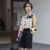 Color Block Shirt Long Sleeve Button Up Collared Shirt Heart Print Patchwork Korean Blouse Ladies Top Spring