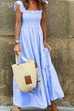 Strap Dress Women Summer Plaid Boho Long Dress Ldies Elegant Square Collar Maxi Beach A-line Sleeveless Dress