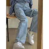 Streetwear Bow Jeans Women Sweet Harajuku Bandage Wide Leg Denim Pants Korean Cute High Waist Casual Straight Trousers
