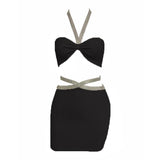New Summer Women White Bandage 2 Two Pieces Sets Sexy Halter V Neck Tops& Mini Skirts Hollow Out Celebrity Club Party