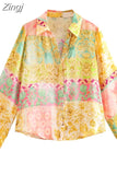 Patchwork Button Up Shirt Women Print Long Sleeve Top Female Loose Summer Blouses Woman 2023 Collared Women's Beach