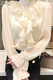 Stand Collar Chiffon Lace Shirts Korean Ruffles Stitching Elegant Button Blouse Woman Long Flare Sleeve Loose Tops