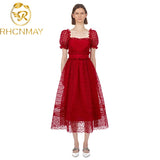Summer New Self Portrait Women Square Collar Ruffles Long Dresses Puff Sleeve Hollow Out High Waist Holiday Party