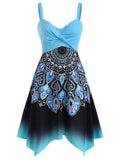 Neck Casual Dress Floral Baroque Print Twisted Handkerchief Dress Vintage Women Mini Party Dress