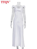 Women Feather Strap White Dress Summer Sexy V-neck Sleeveless Backless Midi Dress Ladies Bodycon Silky Solid Party