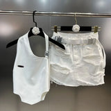 Metal Buckle Backless Halter Tank Top Slim Short Denim Skirt Ripped Holes Belt Denim Two Piece Set Women Outfits