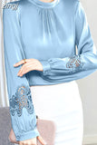 Women's Blouse Silk Tops for Women Solid Embroidered Long Lantern Sleeve Top Stand Neck Clothing Female 2023 Basic