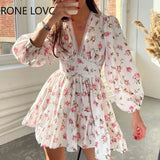 Women Floral V neck Puff Sleeve Lace Sweet Short
