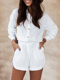 Women Lapel Buttoned Shirts + Pocket Shorts Suits Office Lady Two Piece Sets Retro Pattern Printed Long Sleeve