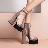 New Super High Heel Fashion Net Boots Women Flock Platform Zipper Ankle Boots Spring Summer Thick Heel Round Toe