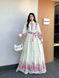 And Autumn New Women's Collar Bubble Sleeve Lantern Long-Sleeved Lantern With Belt Positioning Print Single Buckle