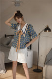 Vintage Blouse Women Summer Top Loose Bow Big Collar Designer Ladies Tie Front Top Korean Fashion Clothing