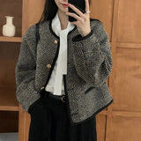 Vintage Tweed Jackets Women Striped Cropped Coat Korean Elegant Single Breasted Loose Casual Chic Short Outwear Tops
