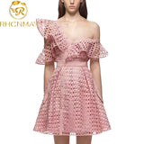 Self Portrait Luxury Runway Dress New Arrival Asymmettical Neck One-Shoulder Lace Hollow Out Patchwork Runway Pink
