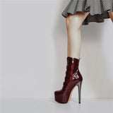 Onlymaker Women's Round Toe Wine Red Platform Side Zipper Thin Heel Thick Heel Short Boots Fashion Lady Booties Big
