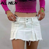 2000s Aesthetics Low Rise Distressed Hem Mini Skirts Cute Fashion Button Up A-line White Denim Pleated Skirt Autumn